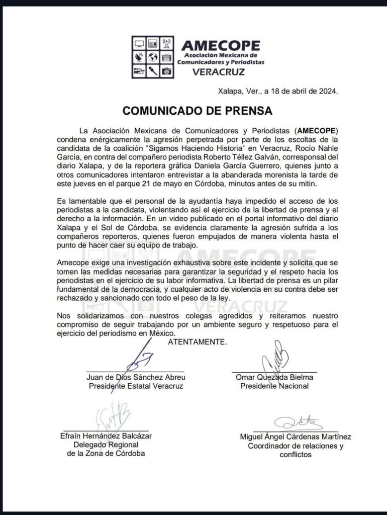 Condena AMECOPE agresión a periodistas en Córdoba por equipo de Rocío Nahle