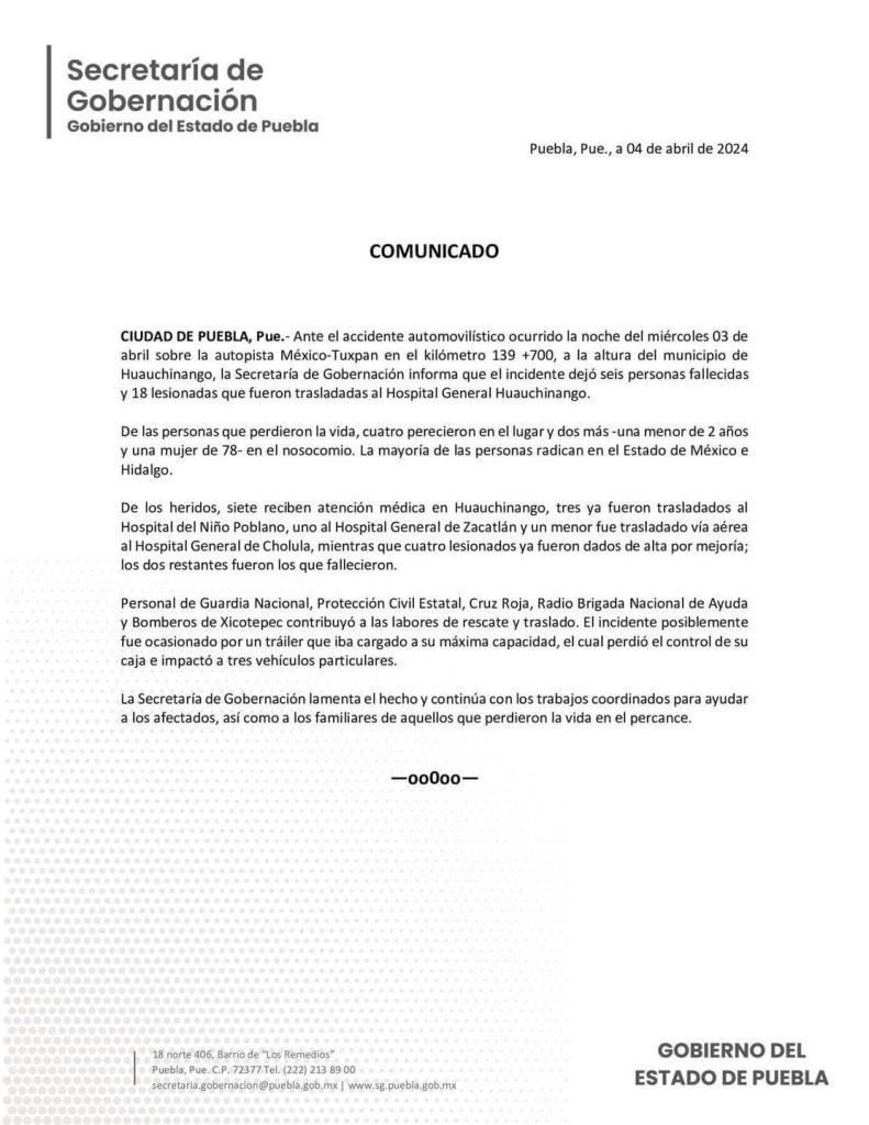 Seis personas sin vida en el trágico accidente de Huauchinango