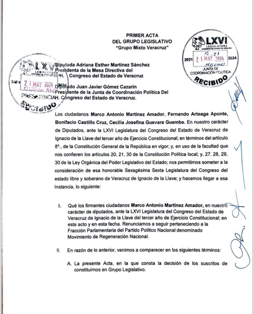 RENUNCIAN A LA BANCADA DE MORENA CUATRO DIPUTADOS; AMADOR, ARTEAGA, CASTILLO Y GUEVARA”.