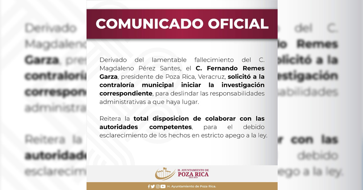 Ayuntamiento de Poza Rica emite comunicado tras fallecimiento de activista