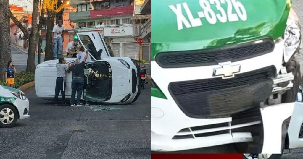 ¡Taxi provoca volcadura en pleno centro de Xalapa!