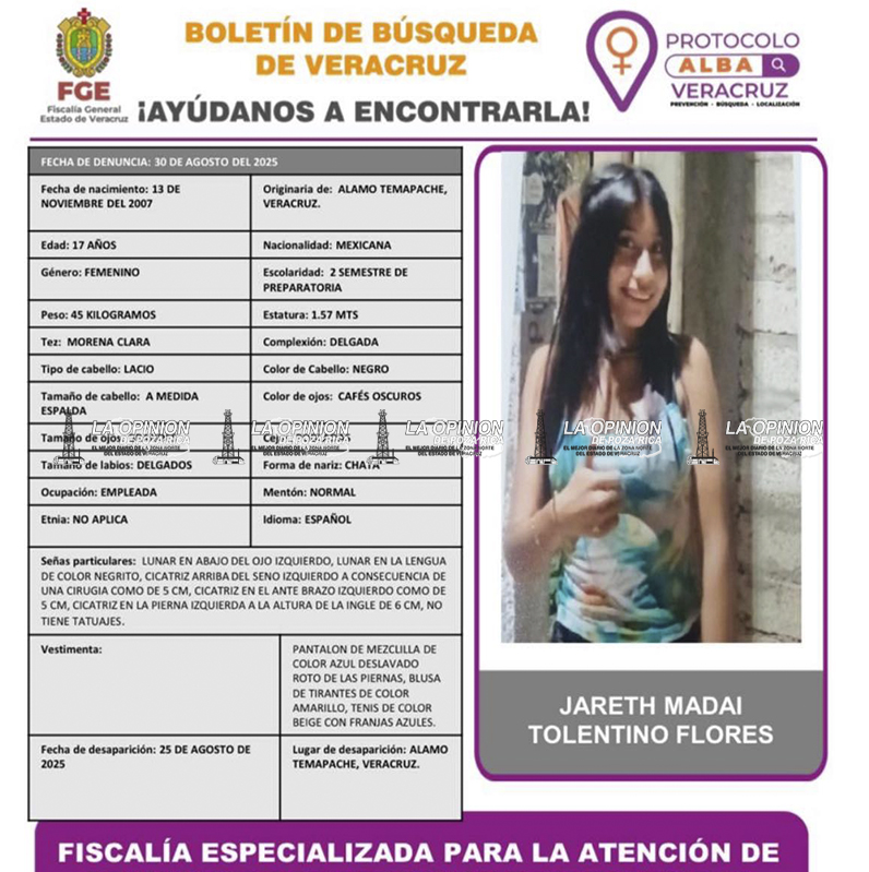 Alerta por joven desaparecida en Álamo