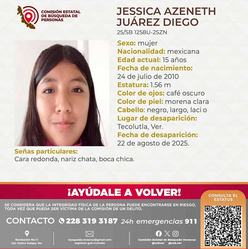 Buscan a Jessica, niña de 15 años desaparecida en Tecolutla La Comisión Estatal de Búsqueda de Personas emitió una ficha con sus datos