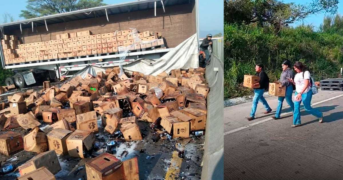 Vuelca tráiler cervecero y saquean carga Vuelca tráiler cervecero y saquean carga