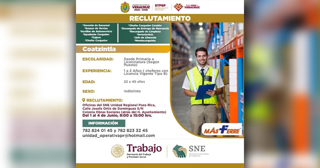 Ofertan varias vacantes para laborar en una empresa de Coatzintla Ofertan varias vacantes para laborar en una empresa de Coatzintla