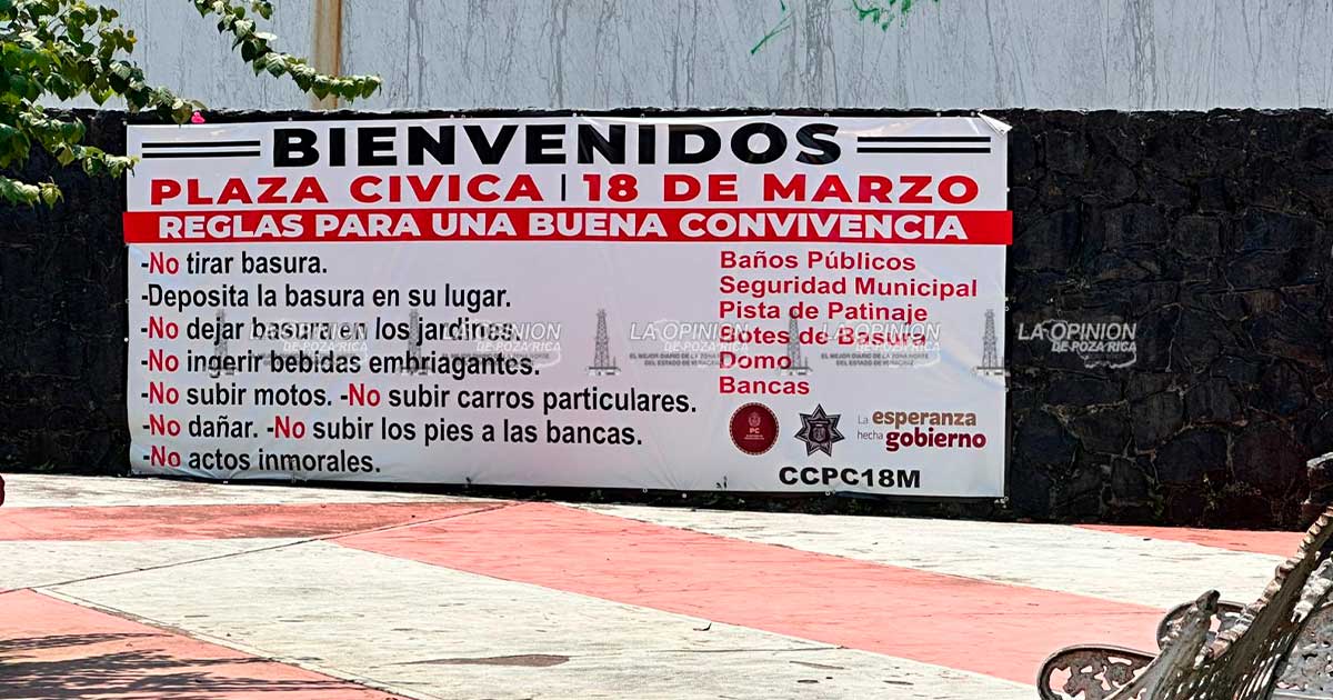 Instalan reglamento de convivencia en la Plaza Cívica 18 de Marzo
