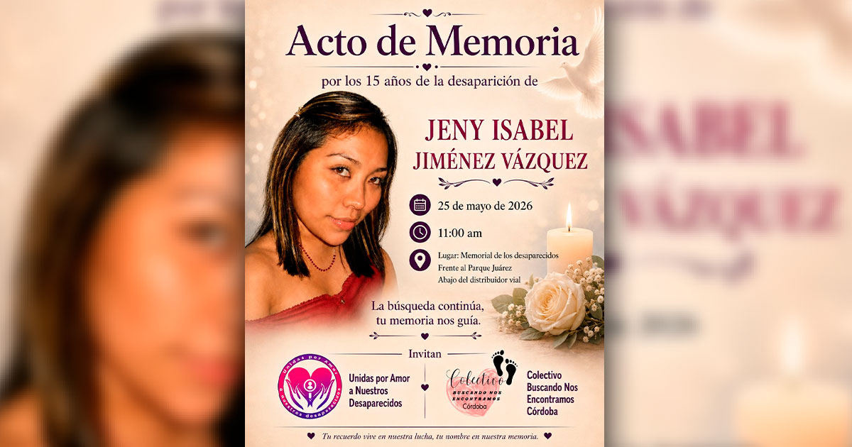 Realizarán acto de memoria por los 15 años de la desaparición de Jeny Isabel Jiménez Vázquez
