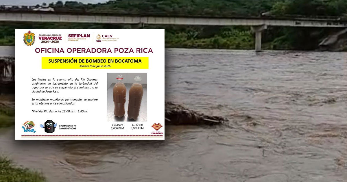 CAEV suspende bombeo de agua a Poza Rica por alta turbiedad en el Río Cazones CAEV suspende bombeo de agua a Poza Rica por alta turbiedad en el Río Cazones