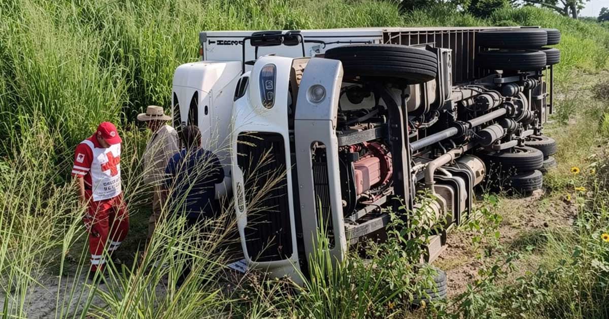Vuelca camión tipo tortón en la carretera Pánuco–Tempoal; conductor resulta con lesiones menores