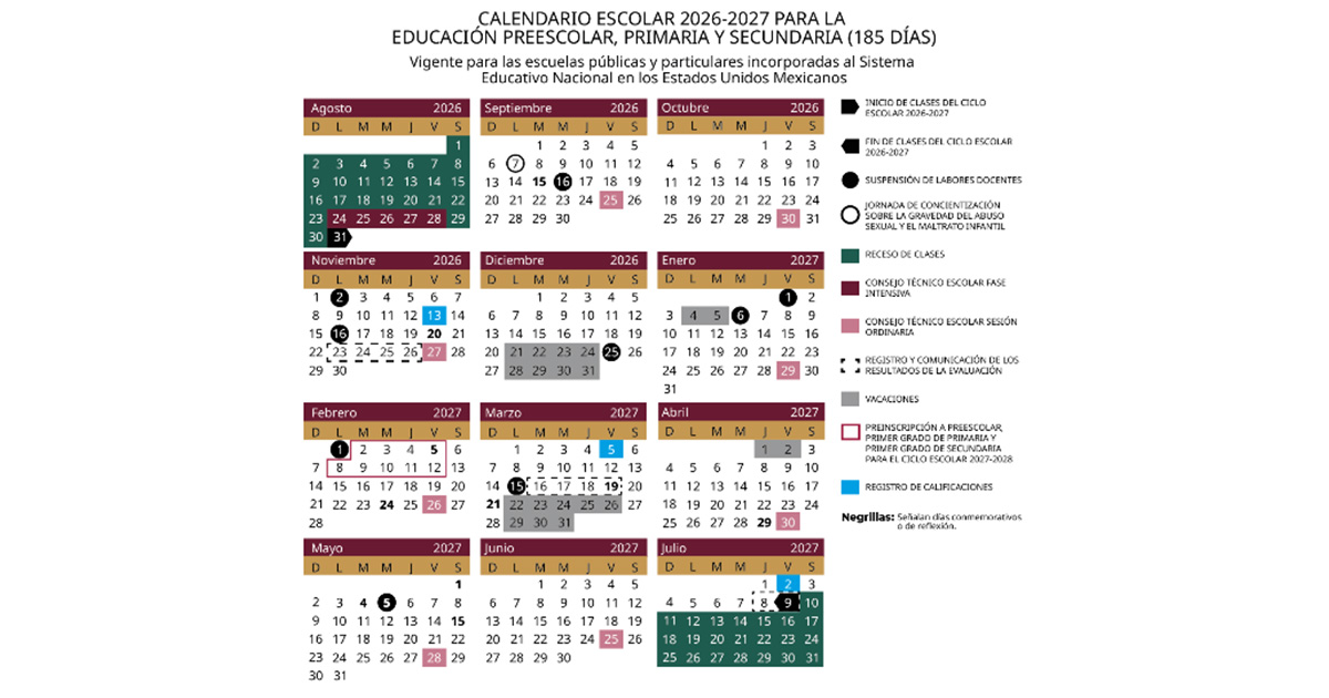SEP publica calendario escolar 2026-2027 con puentes, vacaciones y 185 días de clases