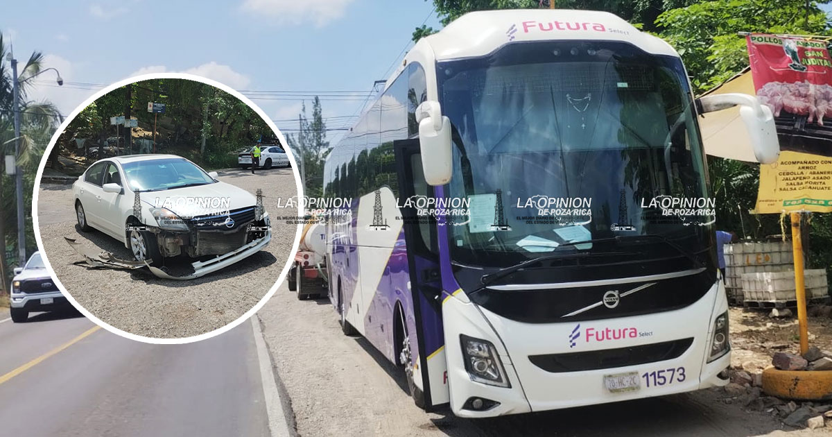 Choque entre autobús Futura y automóvil genera caos vial en la carretera Poza Rica-Tihuatlán