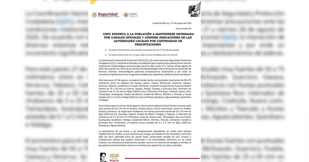 Advierten lluvias fuertes en el país
