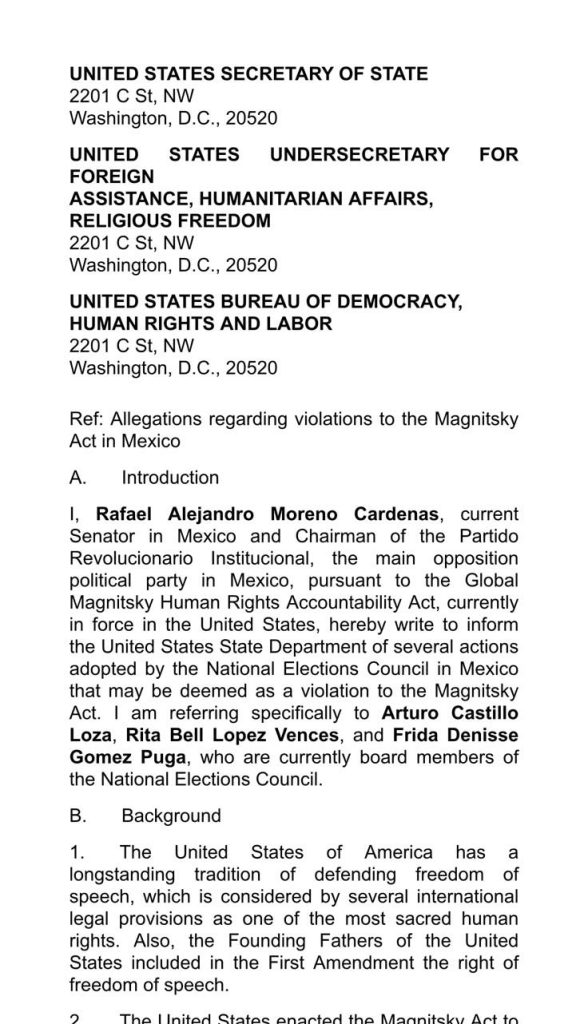 DENUNCIA EL SENADOR ALEJANDRO MORENO A CONSEJEROS DEL INE ANTE EL DEPARTAMENTO DE ESTADO POR CENSURA