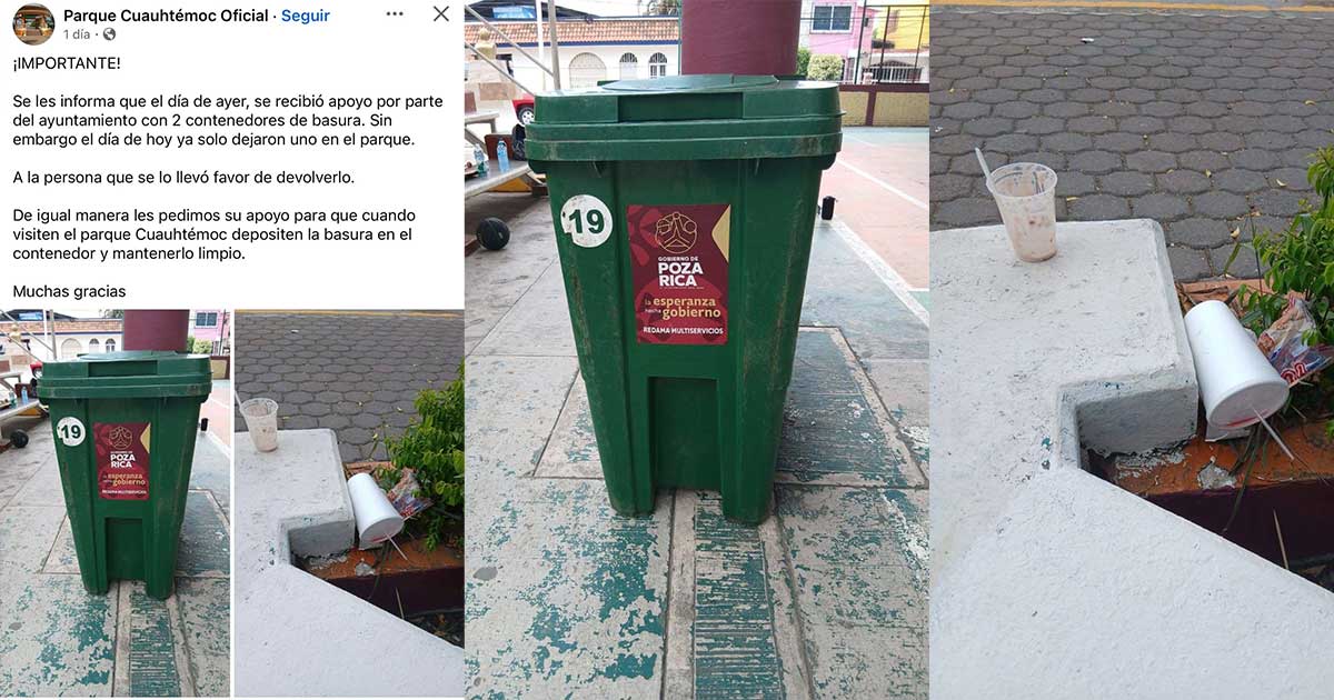 Denuncian robo de contenedor de basura en el Parque Cuauhtémoc Denuncian robo de contenedor de basura en el Parque Cuauhtémoc